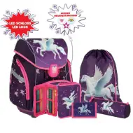 Spirit: Set di zaini scolastici Pegaso viola 5 pezzi con accessori e luce LED