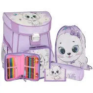 Spirit: Zaino scolastico bianco con gattino, set da 5 pezzi 38x17x28cm
