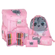 Spirit: Zaino scolastico grigio con gatto, set da 5 pezzi 38x17x28cm