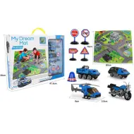 Tappeto da gioco con veicoli della polizia e segnali stradali
