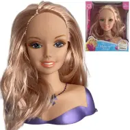 Testa di bambola con capelli biondi pettinabili, bigodini e accessori.