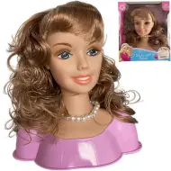 Testa di bambola con capelli castani pettinabili, collana di perle e accessori