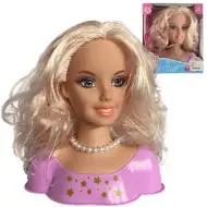 Testa di bambola con capelli lunghi biondi pettinabili, collana di perle e accessori.