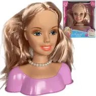 Testa di bambola con capelli lunghi biondi pettinabili con bigodini e accessori