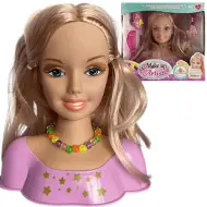 Testa di bambola pettinabile con capelli biondi, fiocchi e accessori