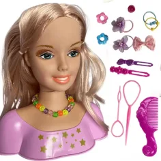 Testa di bambola pettinabile con capelli biondi, fiocchi e accessori immagine 2