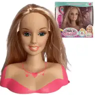 Testa di bambola pettinabile con capelli biondi, pettine e accessori