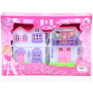 Villa familiare rosa con mobili e famiglia di bambole