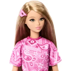 Barbie: Fashionista Amiche stilose bambola di moda con vestito rosa a fantasia foulard - Mattel immagine 3