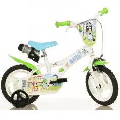 Bicicletta per bambini Bluey 12” con portabottiglie e ruote laterali in bianco-blu-verde – Dino Bikes