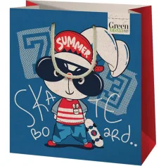 Borsa regalo di medie dimensioni con motivo di coniglio skateboard verde erba 18x10x23cm