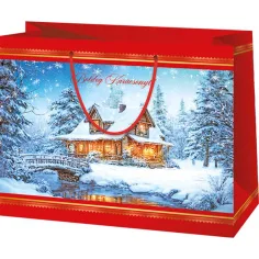 Borsa regalo grande con motivo di casetta Buon Natale 26x13x33cm