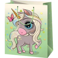 Borsa regalo grande esclusiva verde con motivo unicorno 26x13x33cm