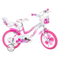 Flappy 14” bicicletta per bambini con cestino e seggiolino rosa-bianco – Dino Bikes bicicletta