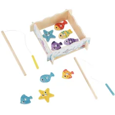Gioco da pesca magnetico in legno con pesciolini e 2 canne da pesca