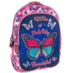 Must: Zaino scolastico a tre scomparti con motivo farfalla, zaino 32x18x43cm