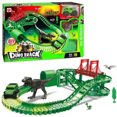 Pista avventura con dinosauri con auto fuoristrada e accessori