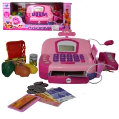 Registratore di cassa elettrico rosa con microfono, denaro giocattolo e suoni
