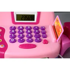Registratore di cassa elettrico rosa con soldi giocattolo e suono immagine 3