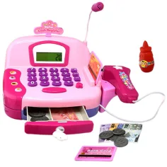 Registratore di cassa elettrico rosa con monete giocattolo e suono