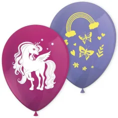 Set di 8 palloncini viola-rosa con motivo di unicorno arcobaleno