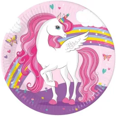 Set di piatti di carta unicorno arcobaleno da 8 pezzi da 23 cm