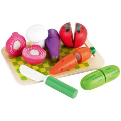 Set di verdure in legno da tagliare con tagliere e coltello