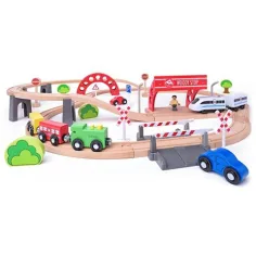 Set di 60 pezzi di treno in legno con locomotiva a batteria - Woodyland