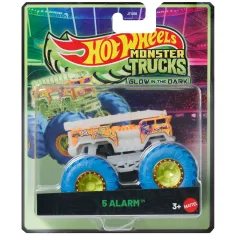 Hot Wheels Monster Trucks: 5 Alarm, macchinina in scala 1/64 con ruote blu che si illuminano al buio – Mattel