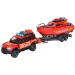Majorette: Land Rover camion dei pompieri con barca, effetti luminosi e sonori 33cm - Simba Toys