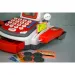 Registratore di cassa elettrico rosso con nastro trasportatore, prodotti e suoni