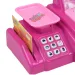 Registratore di cassa giocattolo rosa con bilancia, soldi finti e suoni, 27 cm