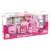 Set da cucina rosa con registratore di cassa elettrico, bancone e accessori