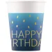 Set di 8 bicchieri di carta da 200 ml con scritta "Happy Birthday" di colore blu