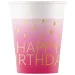 Set di 8 bicchieri di carta rosa con la scritta "Happy Birthday" da 200 ml