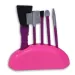 Set di bellezza rosa a 7 pezzi con pennelli per trucco, asciugacapelli e accessori.