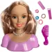 Testa di bambola con capelli lunghi biondi pettinabili con bigodini e accessori
